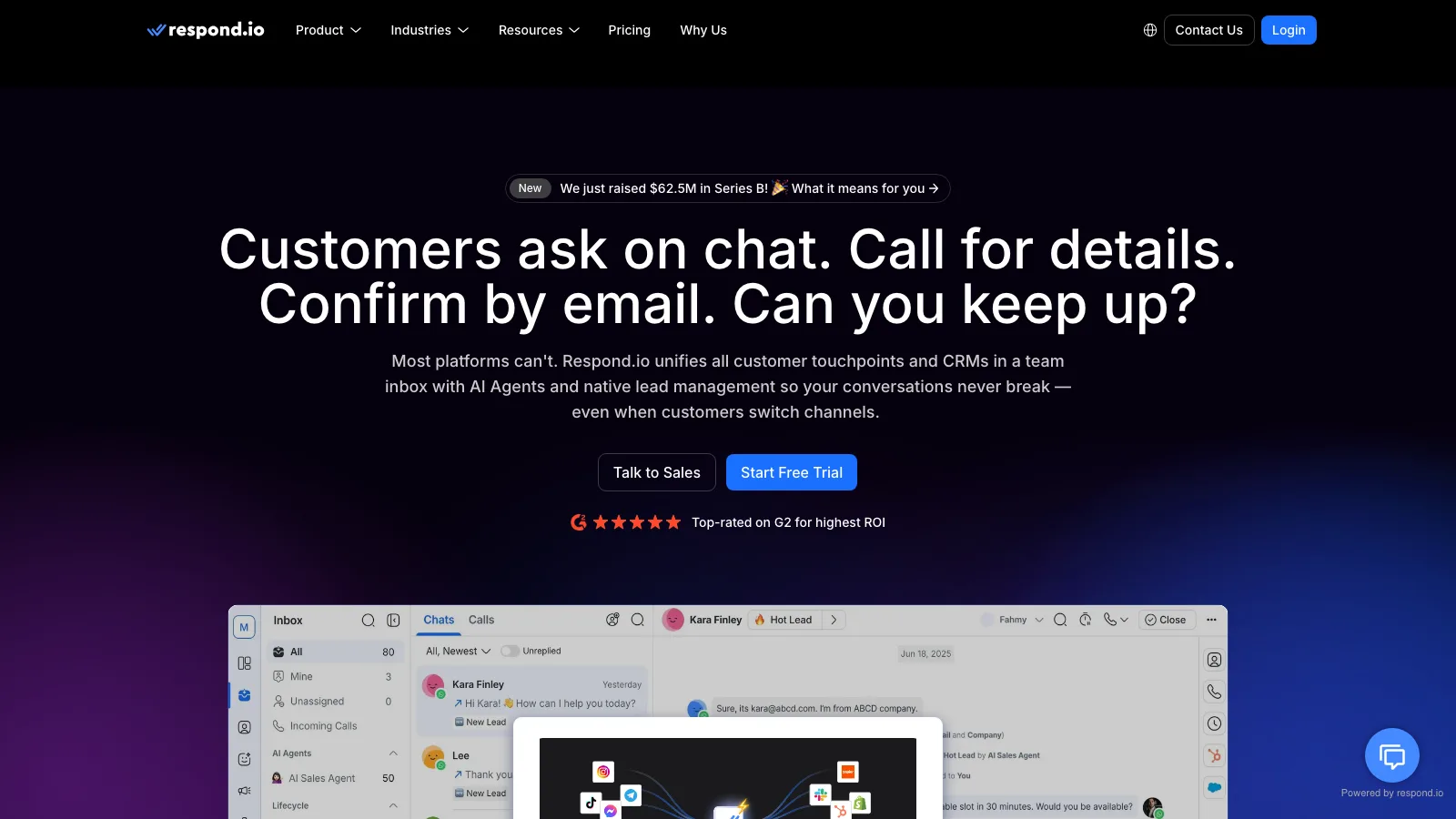 respond.io homepage showing AI agents handling chat, calls and email in one inbox