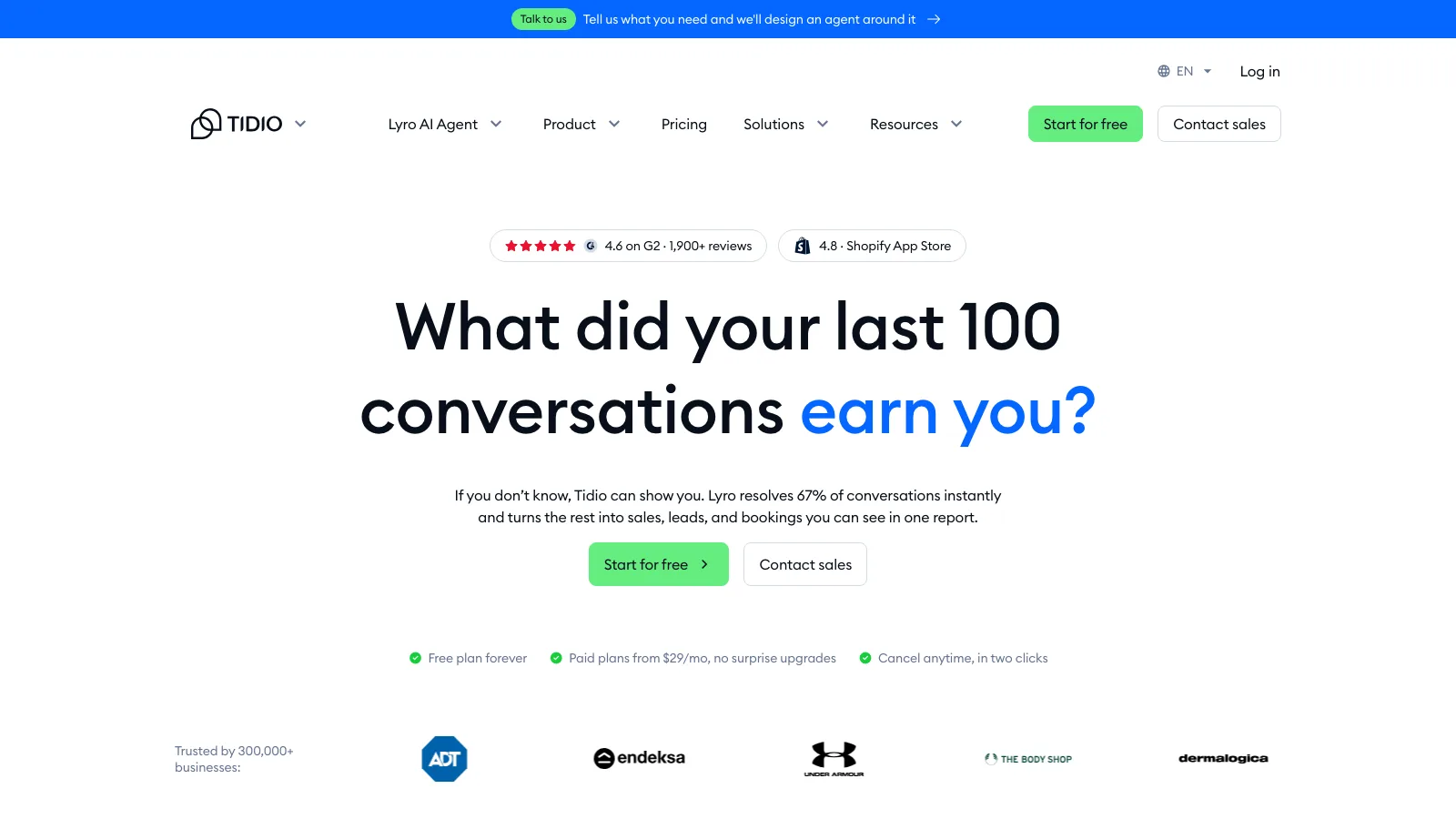 Tidio homepage showing live chat, helpdesk and the Lyro AI agent