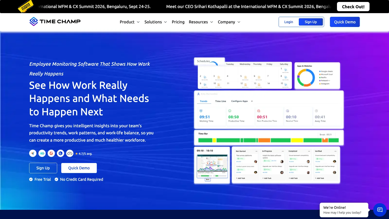 Time Champ workforce intelligence platform showing attendance, time tracking and productivity dashboards