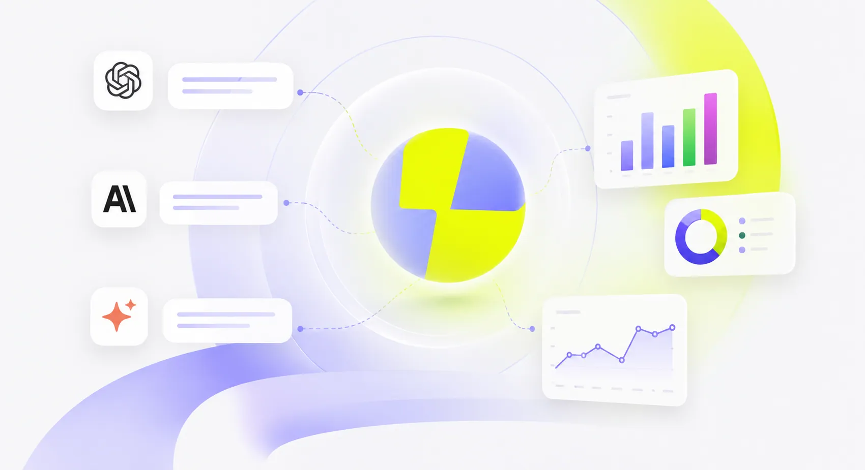 AI assistants on one side, Luzmo at the centre, charts and dashboards coming out the other